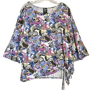 Pure Essence Top Women XL Multicolor Floral Abstract Tie Hem 3/4 Sleeve Stretch
